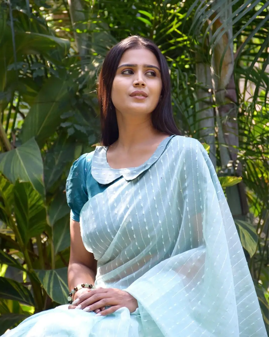 Indian Girl Kavya Shree In Traditional Green Saree Blouse